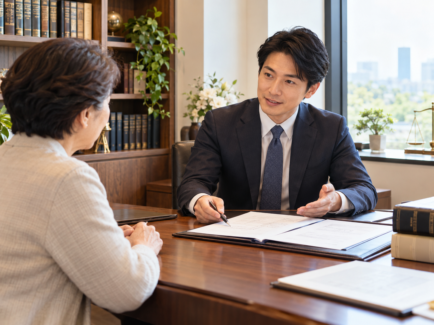 帳簿やグラフを見ながら相談する税理士のイメージ